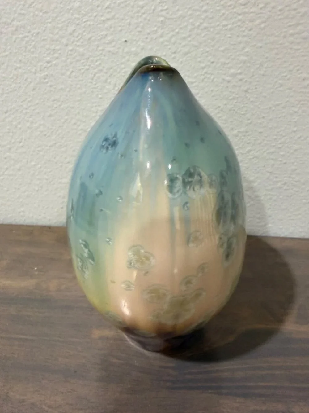 Bill Campbell Signed Crystalline Pottery Vase Fish Mouth Teal Beige Brown